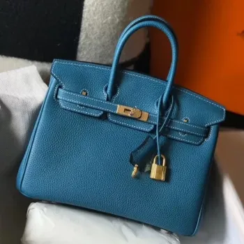 Hermes Birkin 25cm Taška v kůži Clemence v modré džínové barvě
