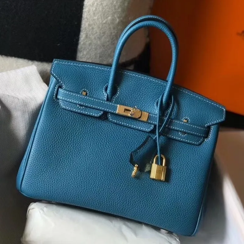 Hermes Birkin 25cm Taška v kůži Clemence v modré džínové barvě