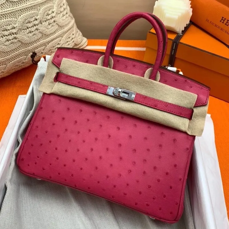 Hermes Rose Red Birkin 25cm Pštrosí Ručně Vyrobená Taška