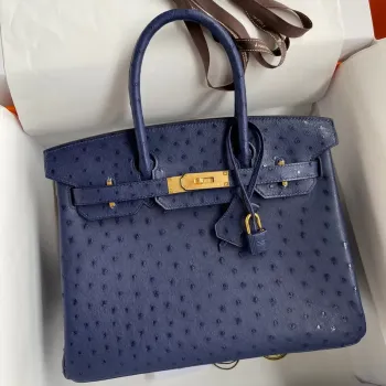 Hermes Birkin 30 Retourne Ručně vyráběná taška v modré iris pštrosí kůži