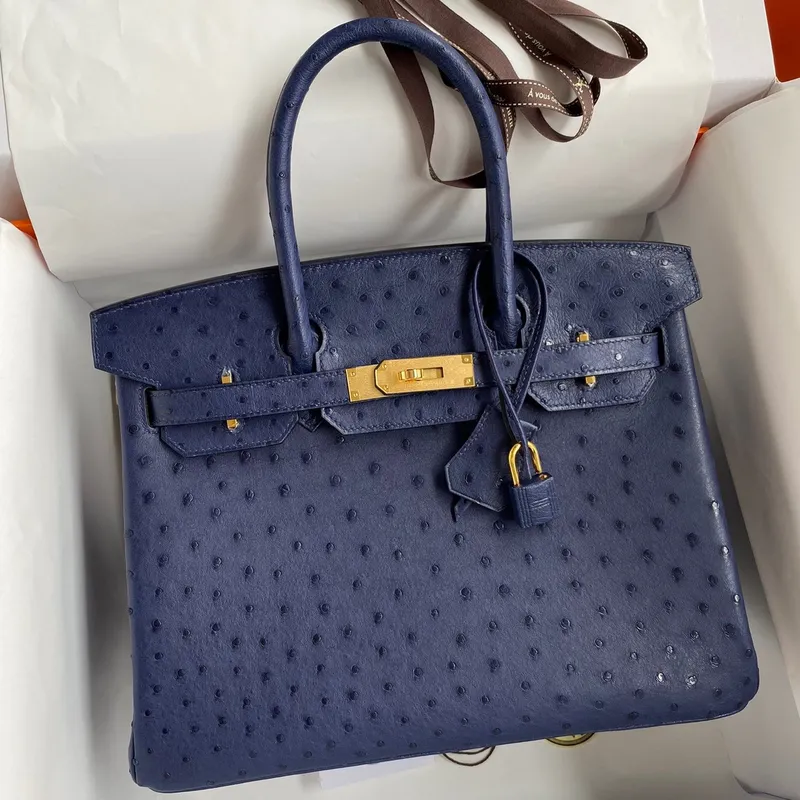 Hermes Birkin 30 Retourne Ručně vyráběná taška v modré iris pštrosí kůži