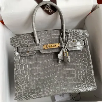 Hermes Birkin 25 Ručně vyráběná taška v Gris Ciment Krokodýl Niloticus Lesklá kůže