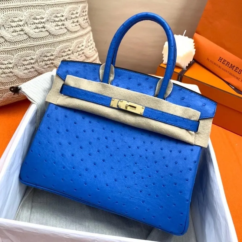 Hermes Blue Zellige Birkin 30cm Pštrosí Ručně Vyrobená Taška