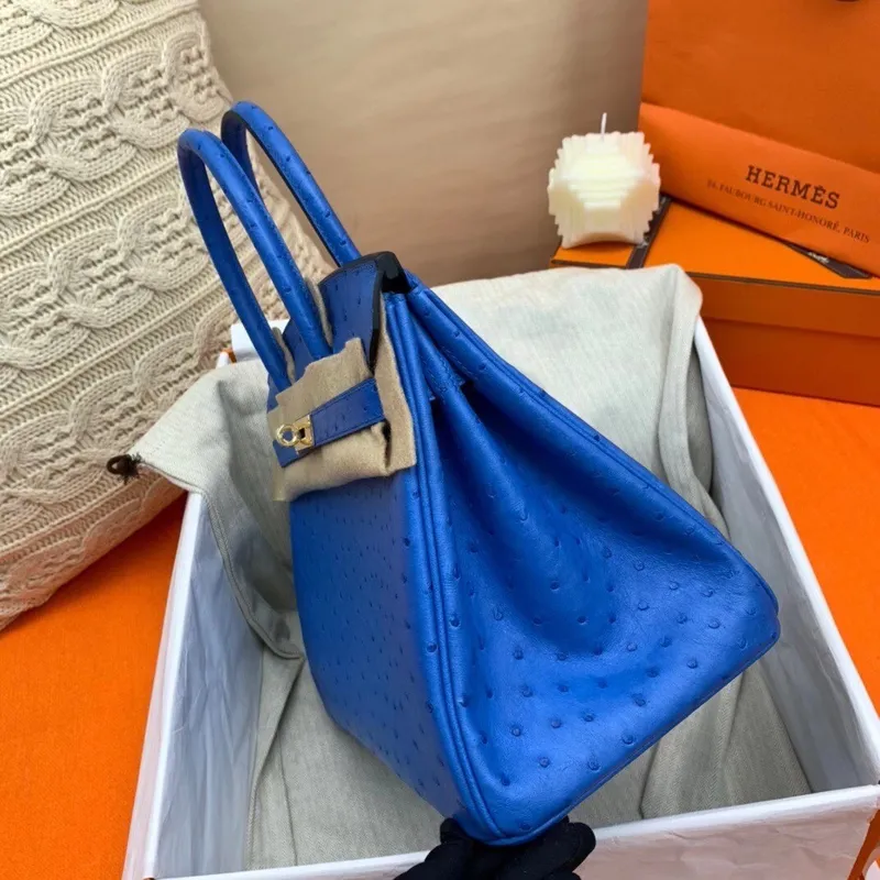 Hermes Blue Zellige Birkin 30cm Pštrosí Ručně Vyrobená Taška