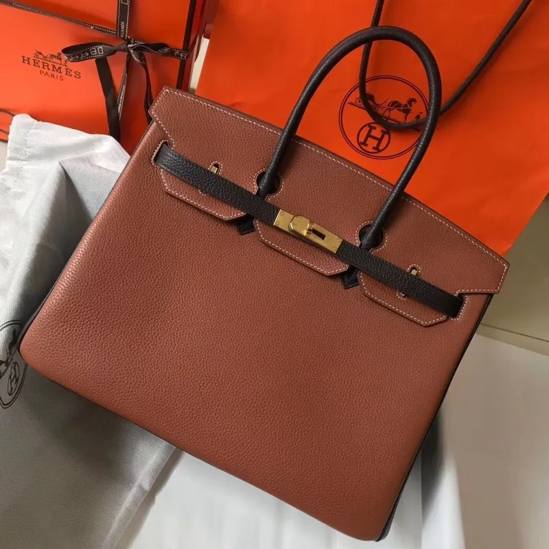 Hermes Bi Color Birkin 35cm Taška v Hnědé/Černé Kůže Clemence
