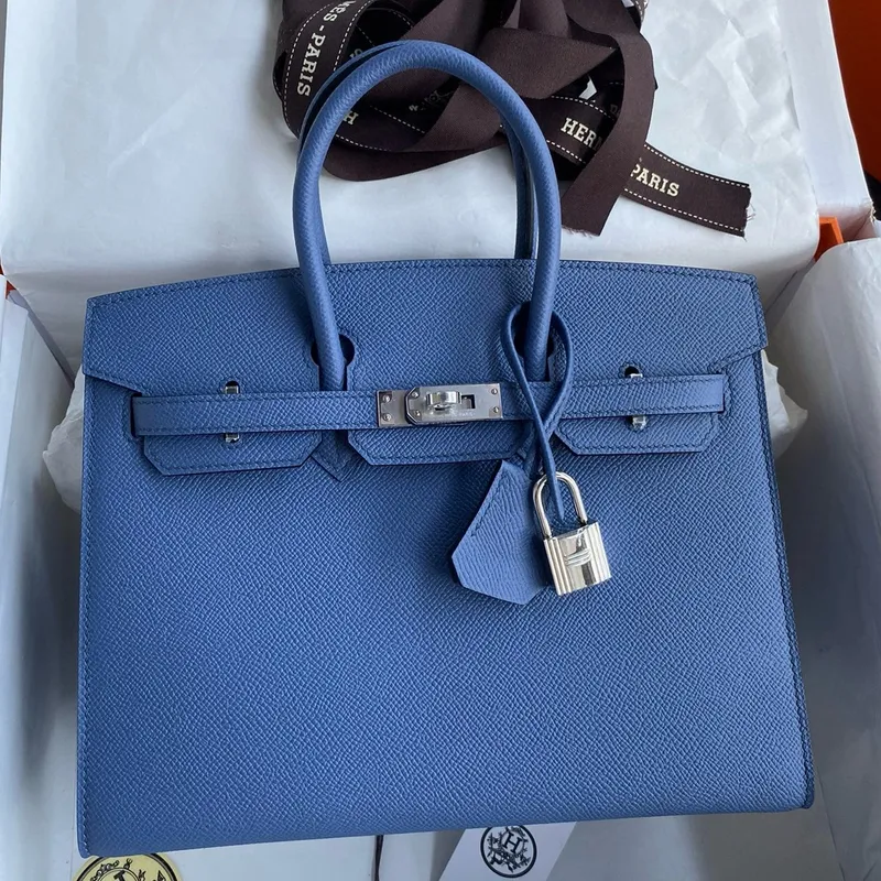 Hermes Birkin 25 Sellier Ručně vyráběná taška v modré Brighton Epsom telecí kůži