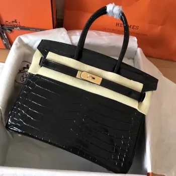 Hermes Černá Birkin 30cm Krokodýl Porosus Lesklá Taška