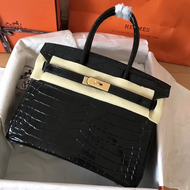 Hermes Černá Birkin 30cm Krokodýl Porosus Lesklá Taška