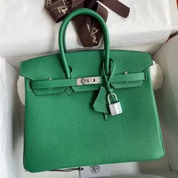 Hermes Birkin 25 Retourne Ručně vyráběná taška v kůži Clemence ve odstínu Vert Vertigo