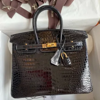 Hermes Birkin 25 Ručně vyráběná taška v černé kůži z krokodýla Porosus s lesklým povrchem