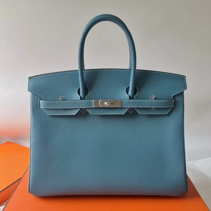 Hermes Birkin 35 Retourne Ručně vyráběná taška v modré džínové kůži