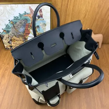 Hermes HAC Cargo Birkin 40 Ručně vyráběná taška v plátně s černou kůží