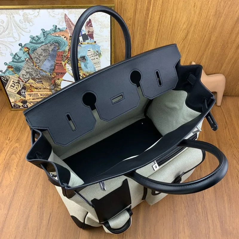 Hermes HAC Cargo Birkin 40 Ručně vyráběná taška v plátně s černou kůží