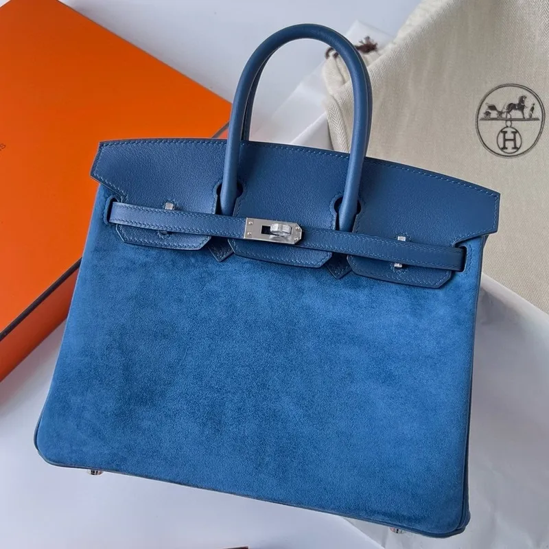 Hermes Birkin 25 Grizzly taška v modré kůži Veau Doblis a Swift Leather