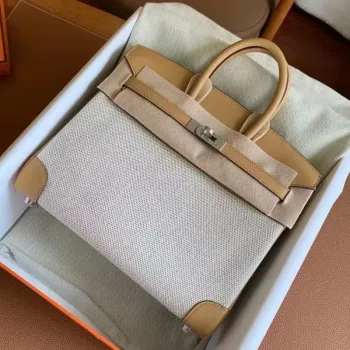 Hermes Birkin 25 Ručně vyráběná taška z plátna a kůže Biscuit Swift