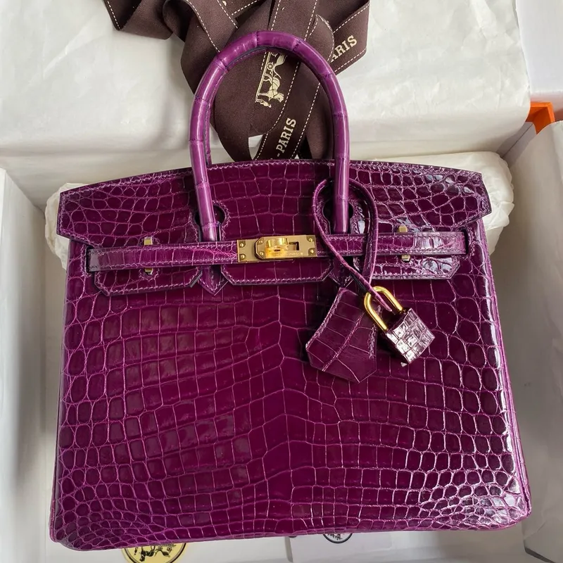 Hermes Birkin 25 Ručně vyráběná taška v lesklé kůži krokodýla Niloticus v barvě hroznového vína