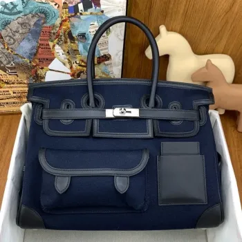 Hermes Cargo Birkin 35cm Limitovaná edice Taška v námořnické modré plátno