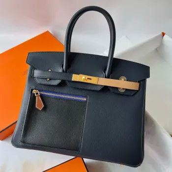 Hermes Colormatic Birkin 30 taška v modré Nuit, černé a chai kůži Swift