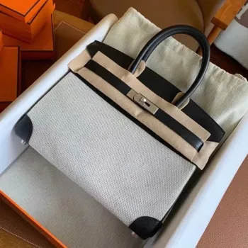 Hermes Birkin 30 Ručně vyráběná taška v plátně a černé kůži Swift
