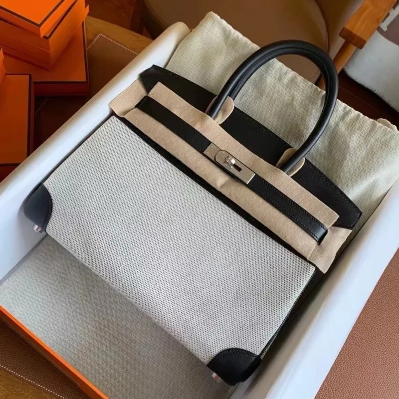 Hermes Birkin 30 Ručně vyráběná taška v plátně a černé kůži Swift
