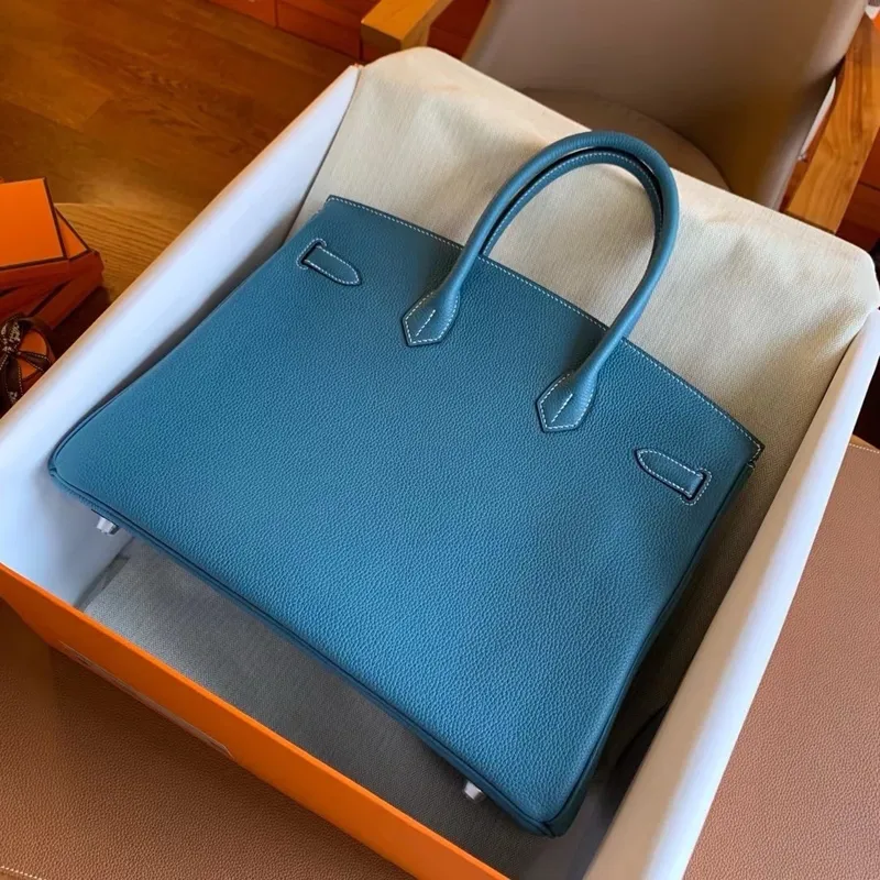 Hermes Birkin 35 Retourne Ručně vyráběná taška v kůži Blue Jean Clemence
