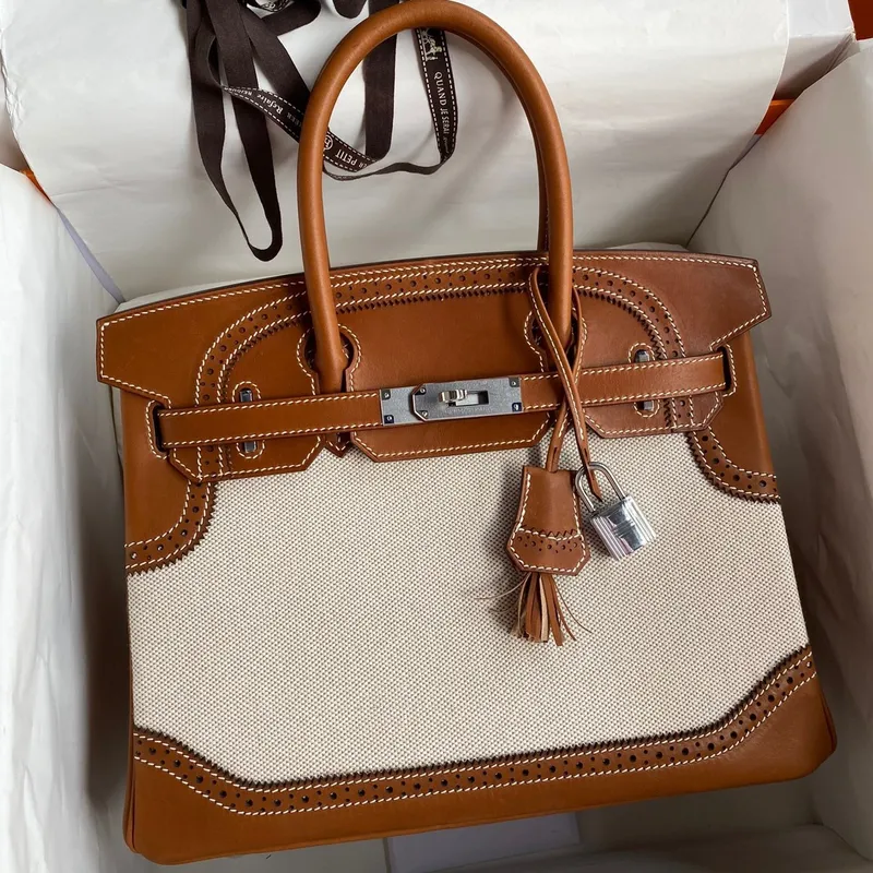 Hermes Ghillies Birkin 30cm Limitovaná edice Taška v plátně a zlaté kůži Swift