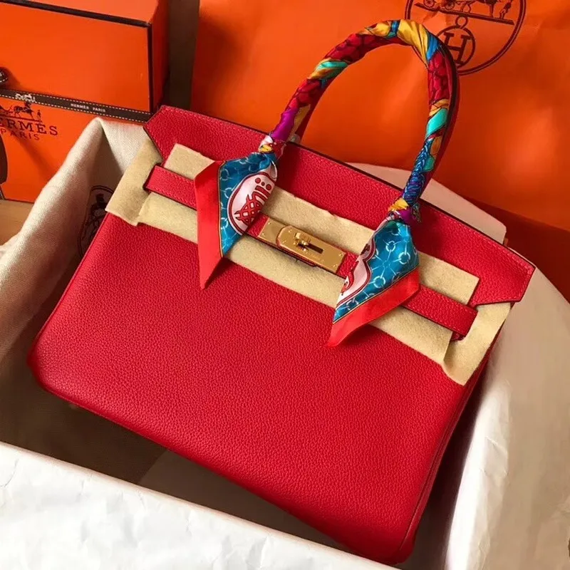 Hermes červená Birkin 30cm Clemence ručně vyráběná taška