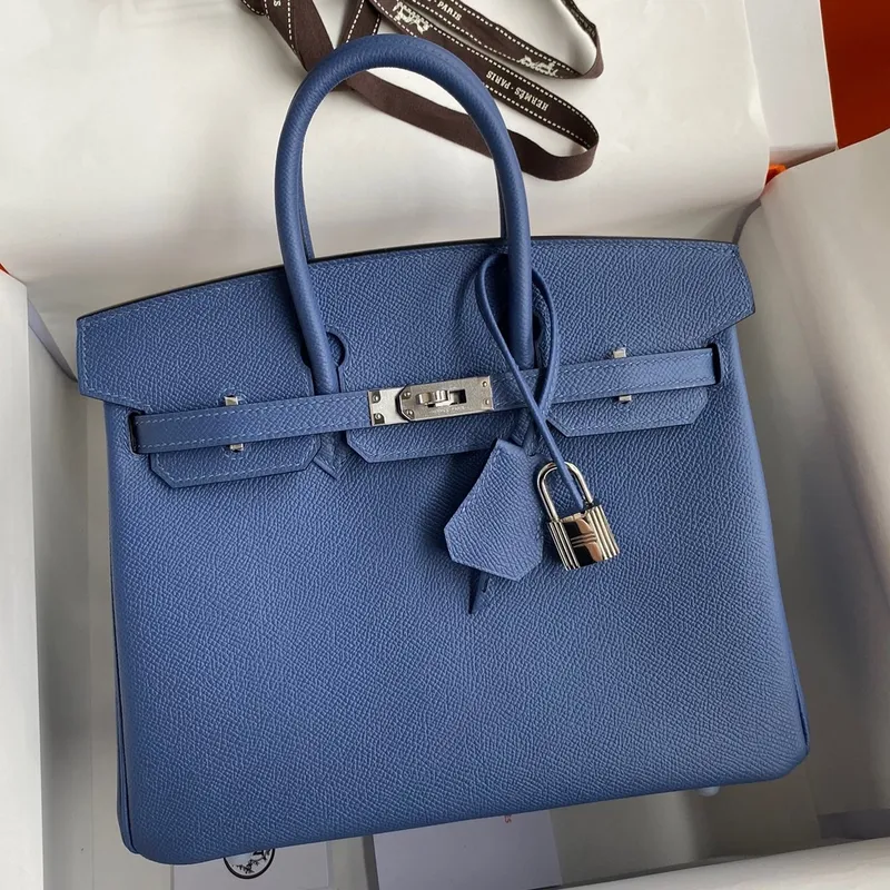 Hermes Birkin 25 Retourne Ručně Vyrobená Taška V Modrém Agetu Epsom Telecí Kůže