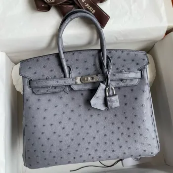 Hermes Birkin 25 Retourne Ručně vyráběná taška v kůži pštrosa Gris Agate