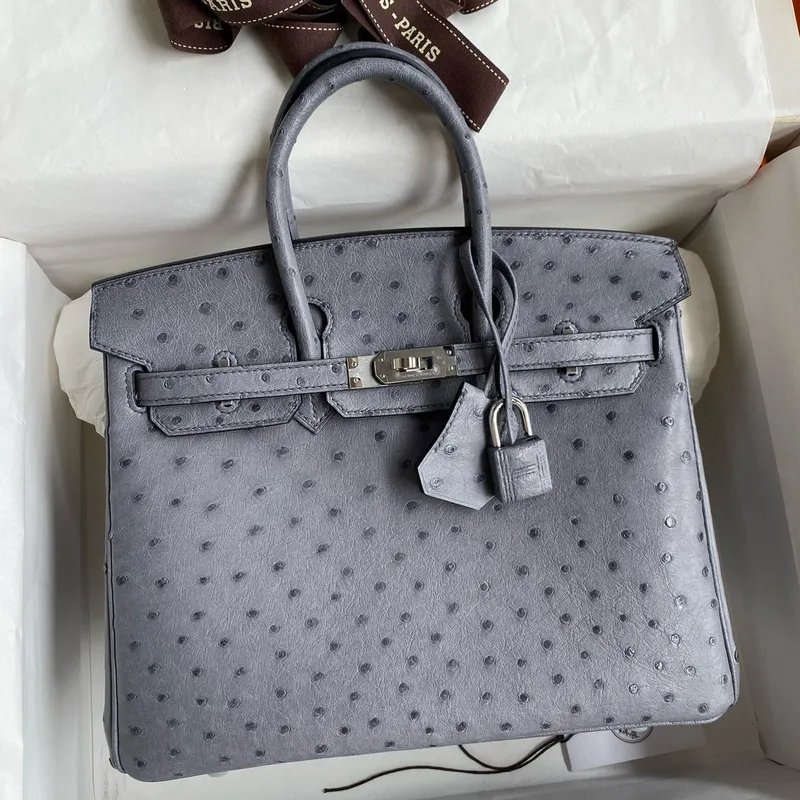 Hermes Birkin 25 Retourne Ručně vyráběná taška v kůži pštrosa Gris Agate
