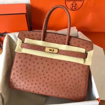 Hermes Hnědá Birkin 30cm Pštrosí Ručně Vyrobená Taška