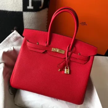 Hermès červená kůže Clemence Birkin taška 35 cm