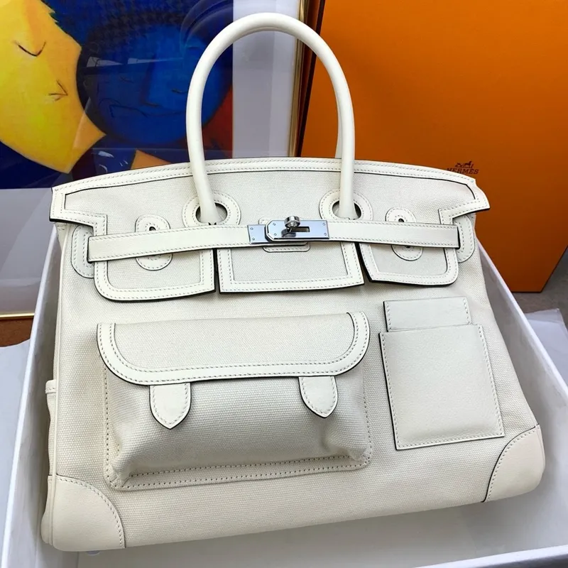 Hermes Cargo Birkin 35cm Limitovaná edice Taška v bílé plátno