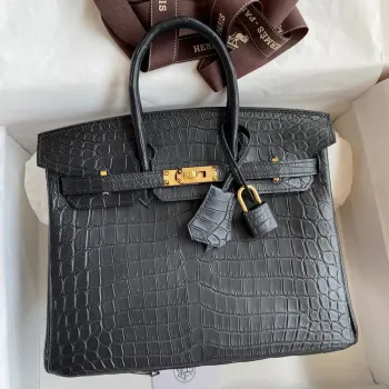 Hermes Birkin 25 Ručně vyráběná taška v černé krokodýlí kůži Niloticus matné.