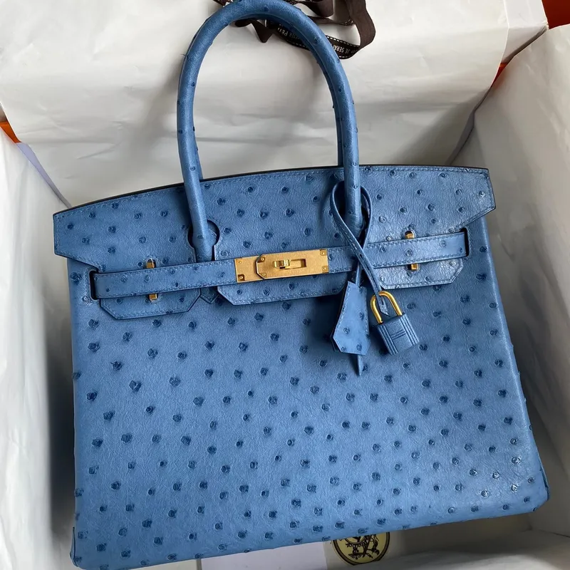 Hermes Birkin 30 Retourne Ručně Vyrobená Taška V Mykonos Pštrosí Kůže