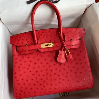Hermes Birkin 30 Retourne Ručně Vyrobená Taška V Červené Pštrosí Kůži