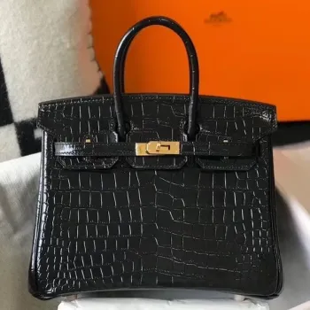 Hermes Birkin 25cm Taška v černé embosované krokodýlí kůži