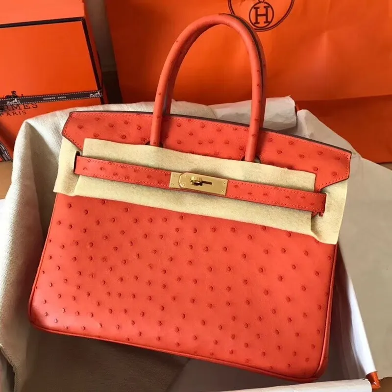 Hermes Oranžová Birkin 30cm Pštrosí Ručně Vyrobená Taška