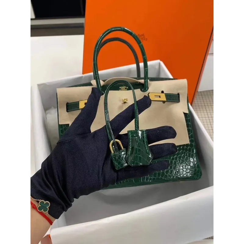 Hermes Birkin 30cm taška v zelené krokodýlí kůži Porosus s lesklým povrchem