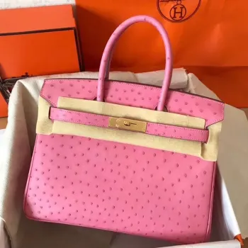 Hermes Růžová Birkin 30cm Pštrosí Ručně Vyrobená Taška