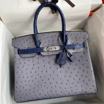 Hermes HSS Birkin 30 Bicolor Taška v Gris Agate a Blue Iris pštrosí kůže