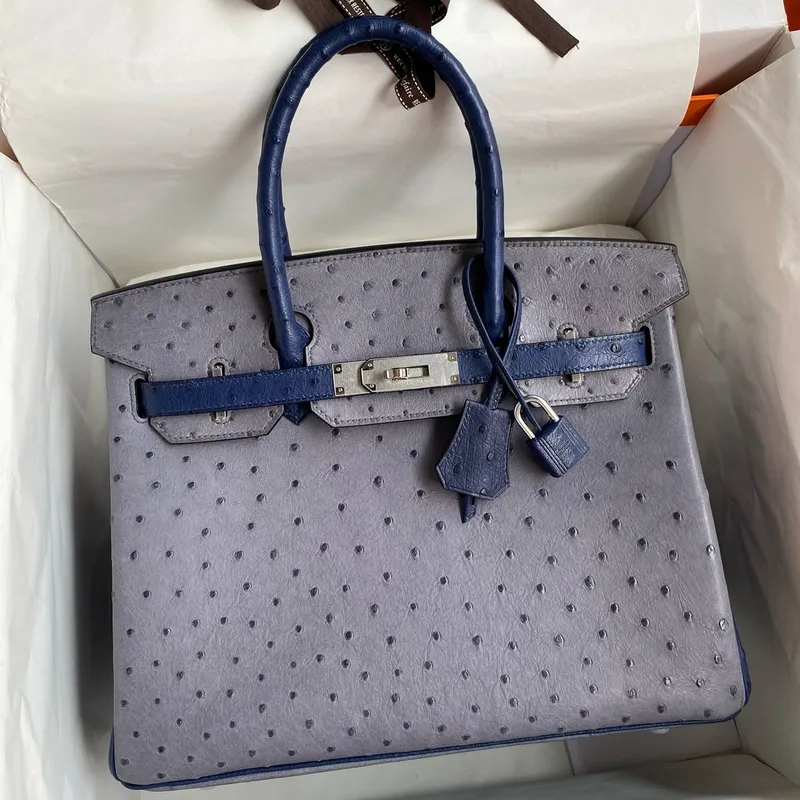Hermes HSS Birkin 30 Bicolor Taška v Gris Agate a Blue Iris pštrosí kůže