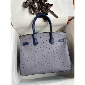 Hermes HSS Birkin 30 Bicolor Taška v Gris Agate a Blue Iris pštrosí kůže