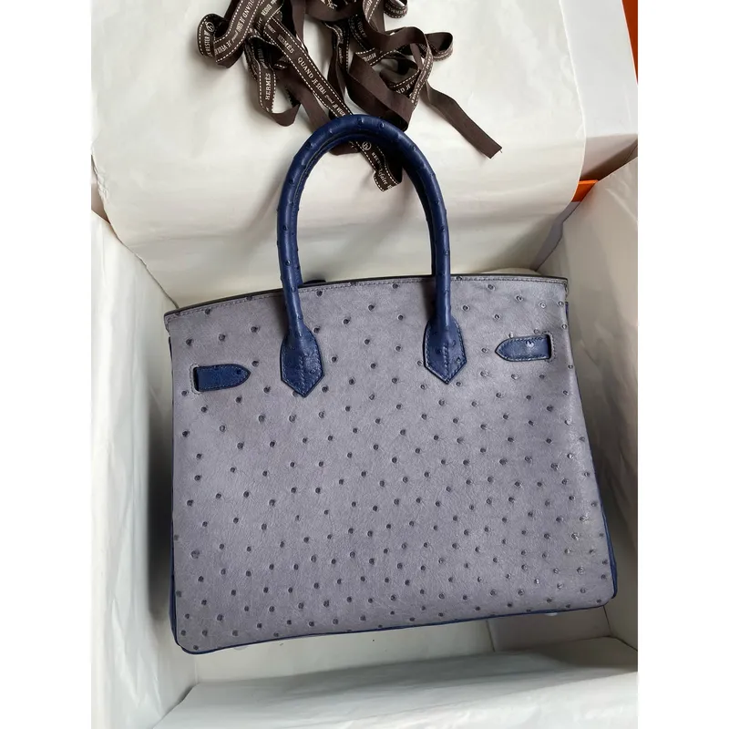 Hermes HSS Birkin 30 Bicolor Taška v Gris Agate a Blue Iris pštrosí kůže