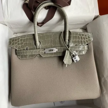 Hermes Touch Birkin 30 Taška v odstínu Gris Asphalt z kůže Clemence a lesklé kůže nilotského krokodýla
