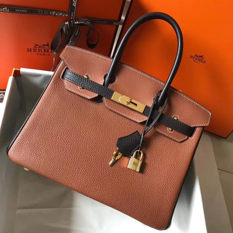 Hermes Bi Color Birkin 30cm Taška v Hnědé/Černé Kůže Clemence
