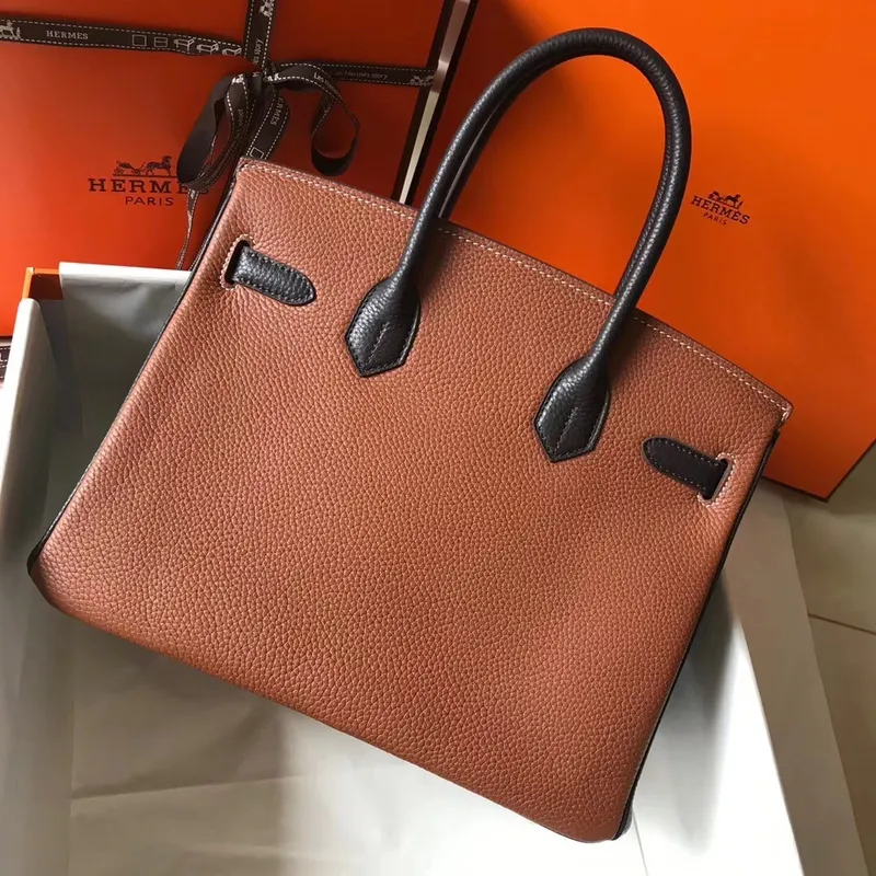 Hermes Bi Color Birkin 30cm Taška v Hnědé/Černé Kůže Clemence