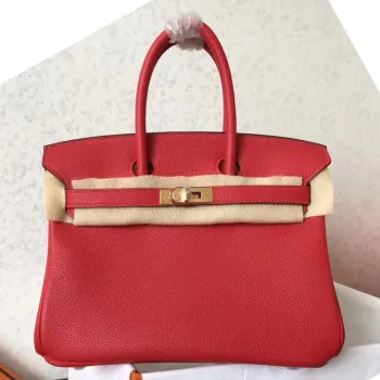Hermes červená Birkin 25cm Clemence ručně vyráběná taška
