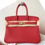 Hermes červená Birkin 25cm Clemence ručně vyráběná taška