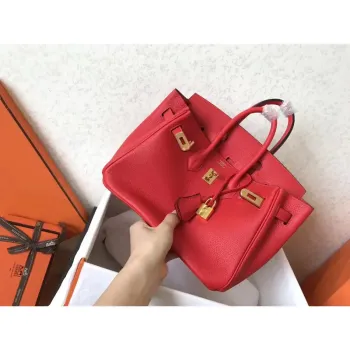 Hermes červená Birkin 25cm Clemence ručně vyráběná taška